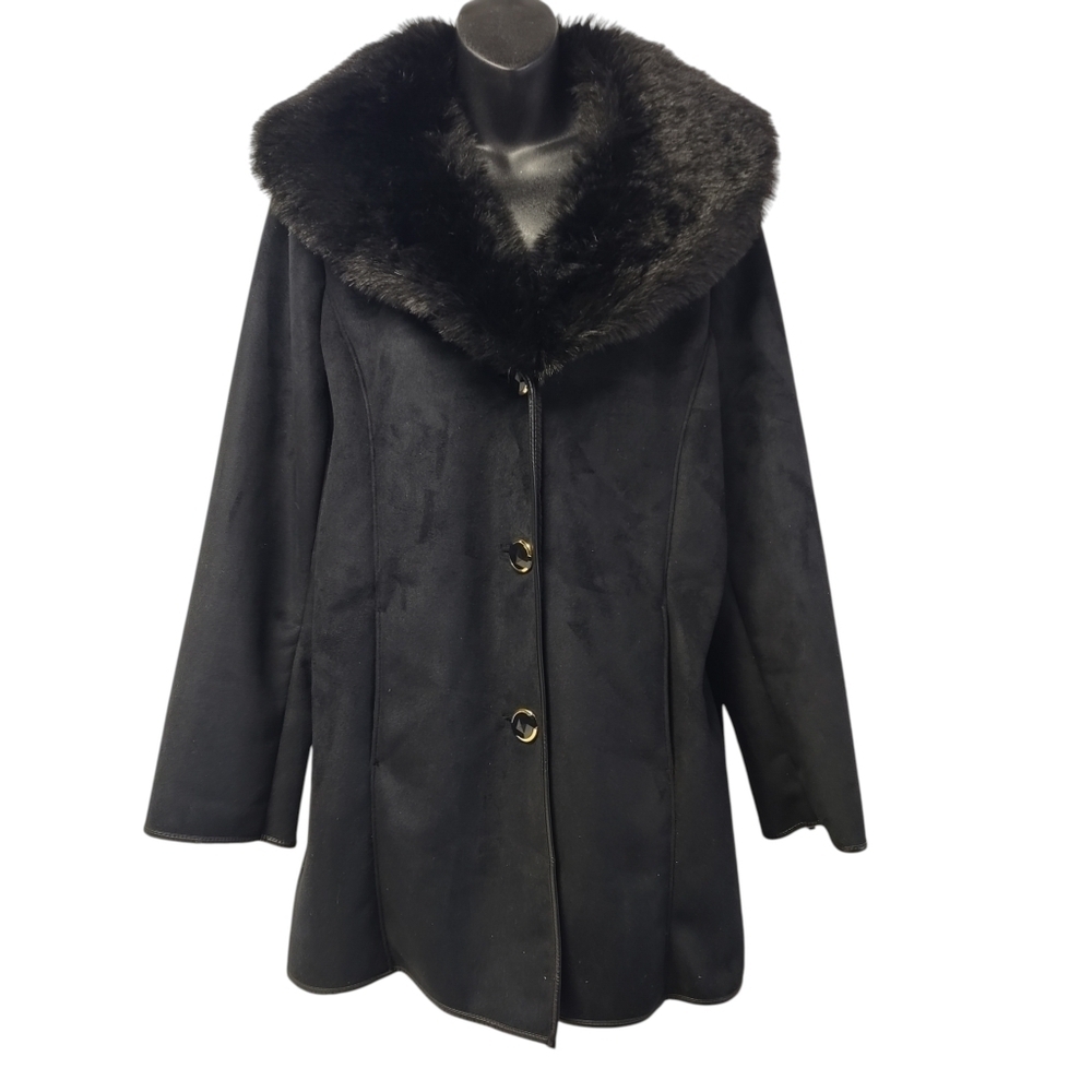 Dennis by Dennis Basso Womens Black Faux Suede Faux Fur Trimmed Button Coat Sz L